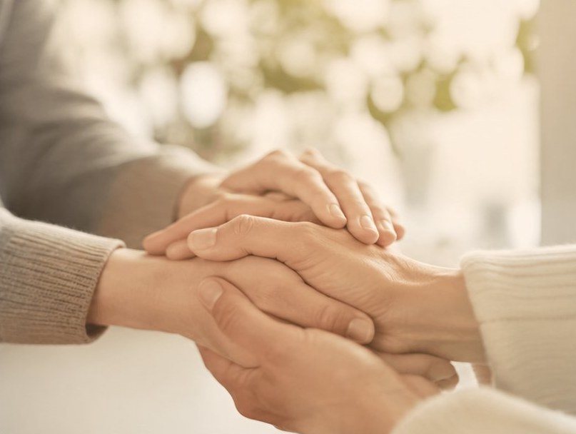 そっと手を重ねて支え合う人々の手元