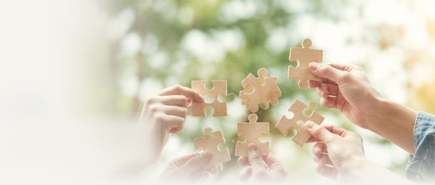 木のパズルのピースを持ち寄って組み合わせる人々の手
