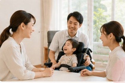 車いすの子どもを囲んで笑顔で相談するご家族と支援者