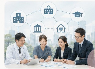 医療・福祉・教育の関係者が資料を囲んで協議する様子