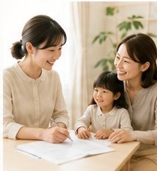 相談員と笑顔で話す親子
